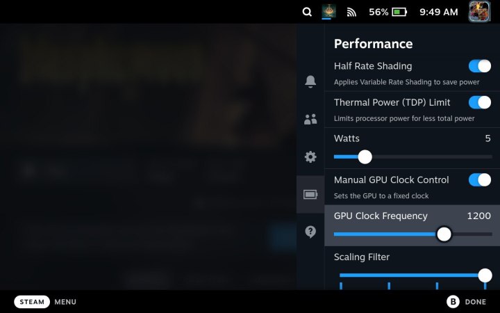 Power limit settings on the Steam Deck.
