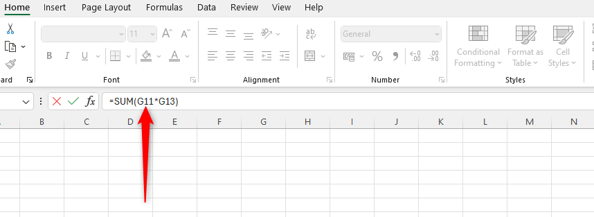 Excel workbook showing the formula bar and the reference to cell G11 highlighted with an arrow.