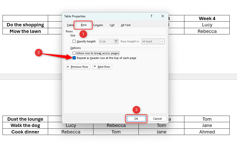 Word document showing the Table Properties dialog box open and 'Repeat As Header Row At The Top Of Each Page