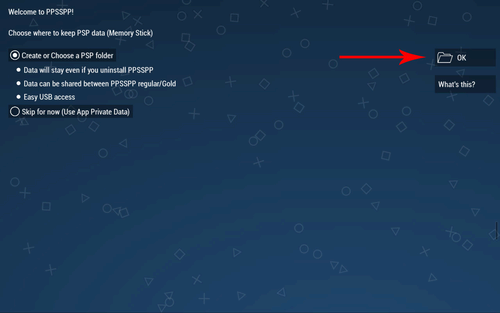 A screenshot of the PPSSPP emulator app with a red arrow pointing at the 'OK' button.