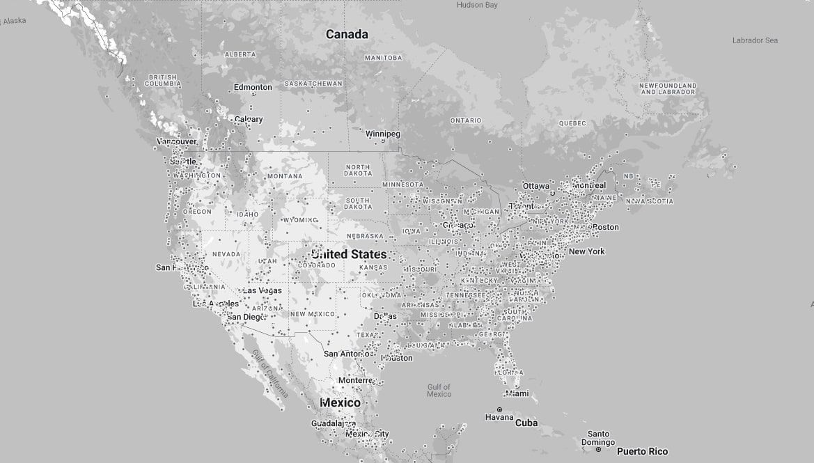 Screenshot of Tesla's Destination charging US map. 