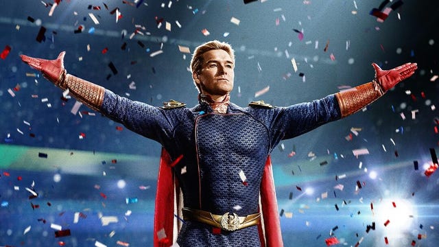 superhero stands with arms spread under confetti