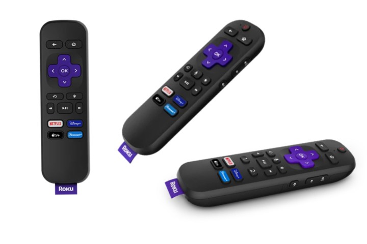 A composite image of a Roku simple remote, a Roku Voice Remote, and a Roku Voice Remote Pro.