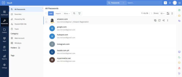 Zoho Vault main dashboard.