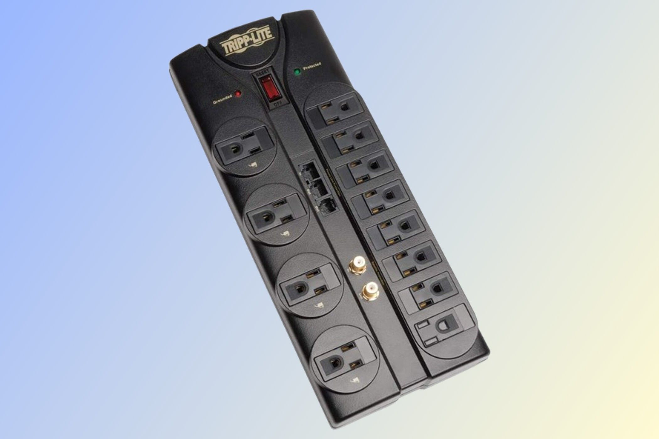 Tripp Lite TLP1208 SAT Surge Protector on a gradient background