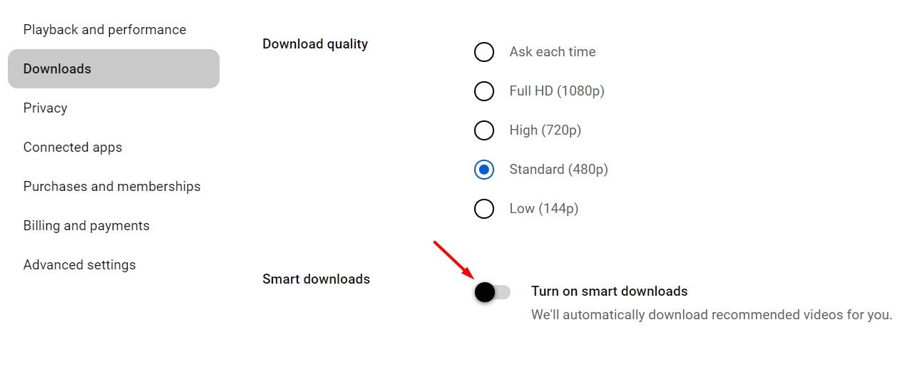 Turn on smart downloads toggle on YouTube website.