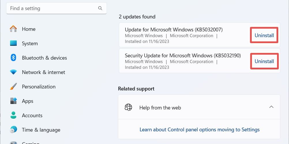 Uninstalling updates in Windows 11