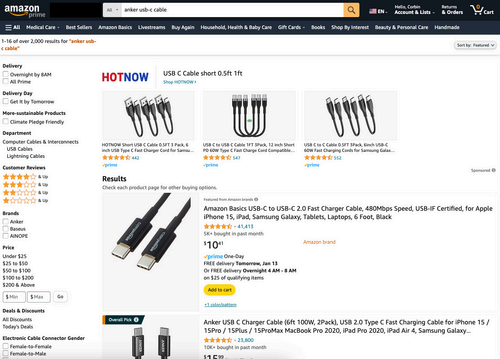 Webpage displaying various USB-C cables for sale on Amazon.