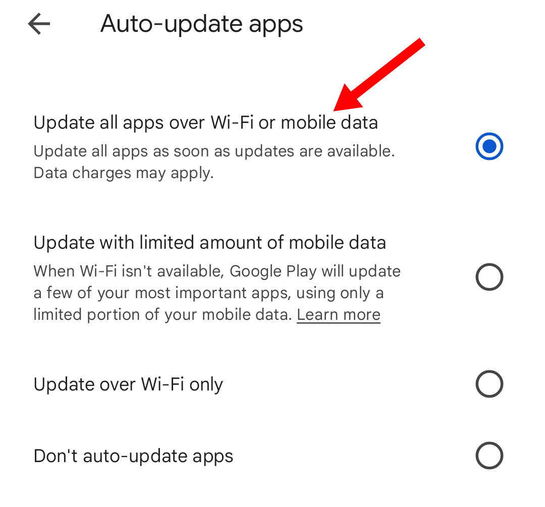 option to automatically update apps over Wi-Fi and mobile data.