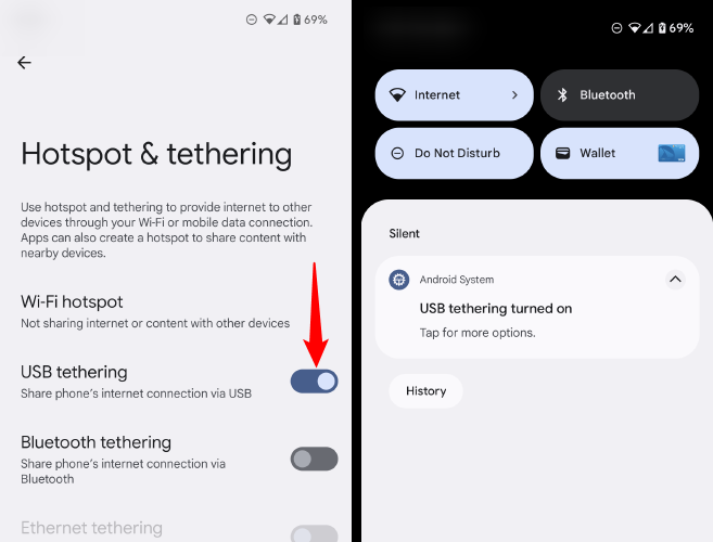 Enabling USB Tethering in the Settings of an Android Phone.