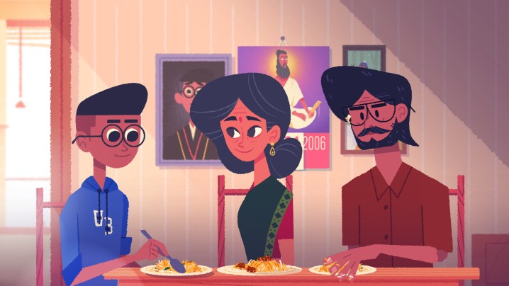 Venba, Paavaran, and Kavin enjoy dinner together.