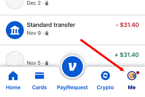 Opening the 'Me' page in the Venmo app.