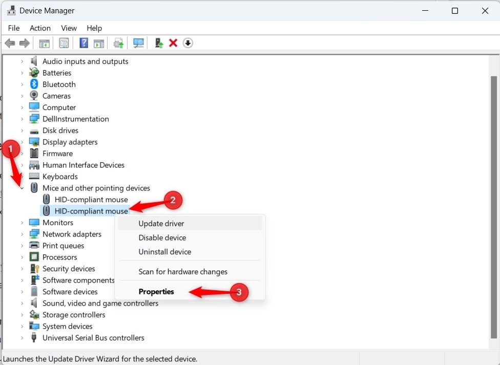 Windows 11 Device Manager window highlighting 'Mice and other pointing devices' right-click menu. 