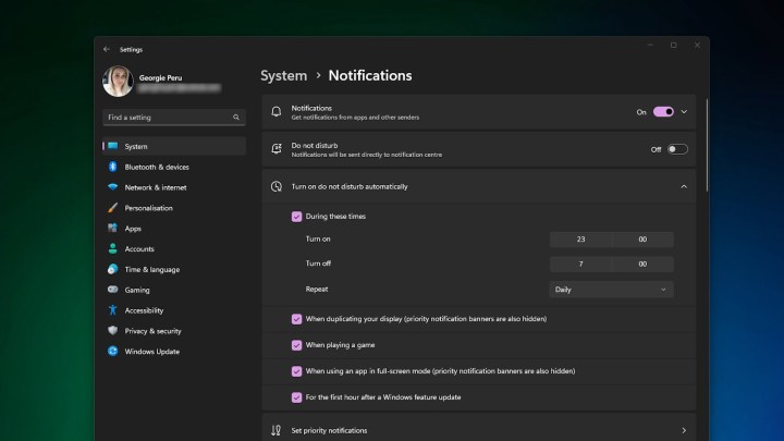 The do not disturb automatic settings in Windows 11.