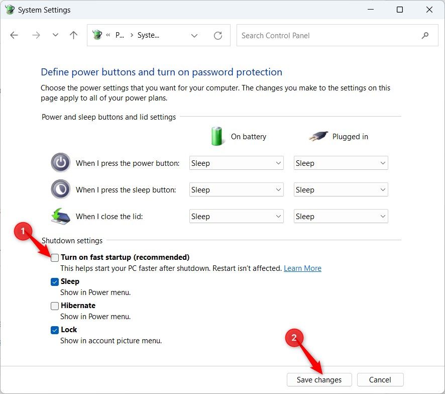 Windows 11 System Settings window highlighting 'Turn on fast startup' option. 