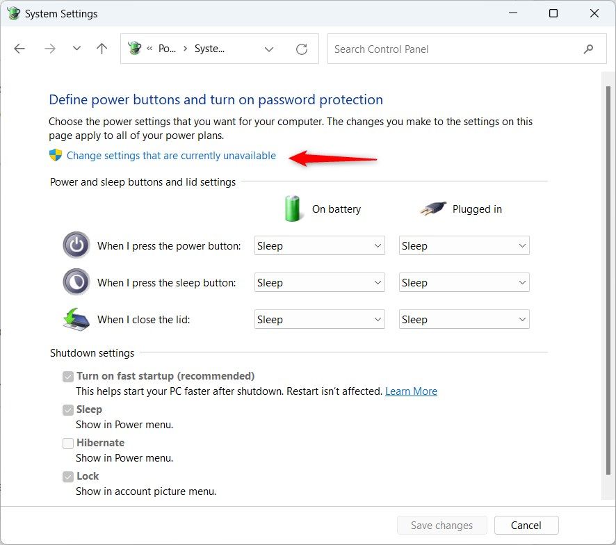 Windows 11 System Settings window highlighting 'Change settings that are currently unavailable' option. 
