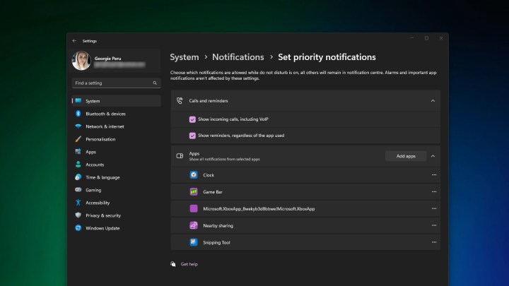 The priority notifications setting in Windows 11.