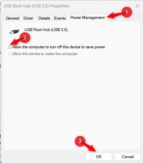 Windows 11 USB Hub Properties highlighting power management tab.