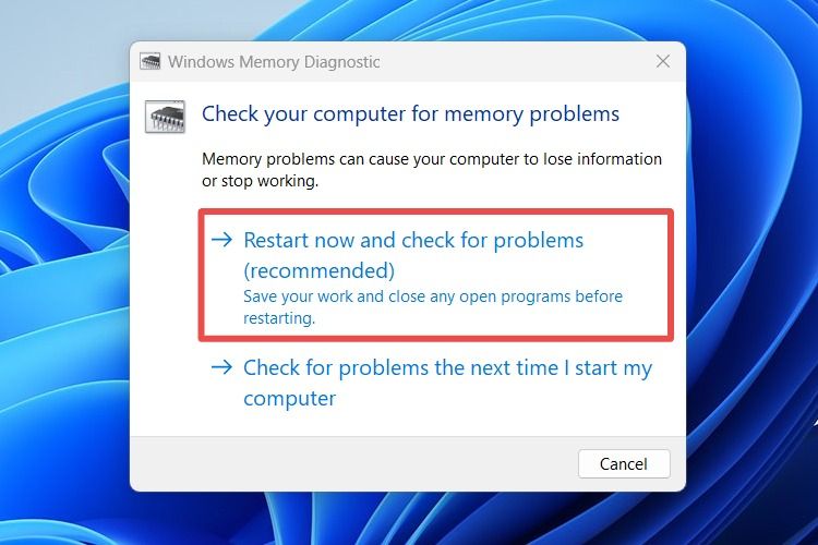 Restarting Windows in the Windows Memory Diagnostic tool