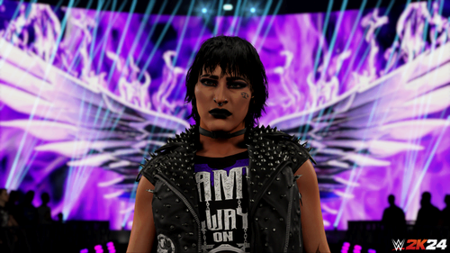 Rhea Ripley walks down a ramp in WWE 2K24.