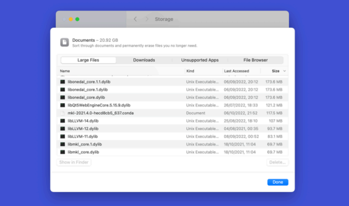 macOS System Settings showing all large files.