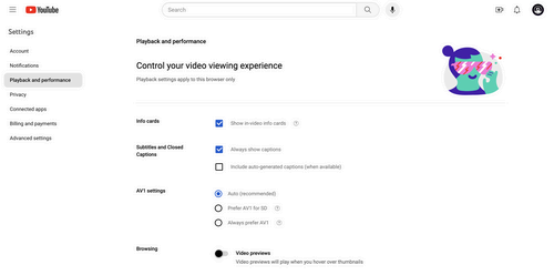 youtube web settings playback performance