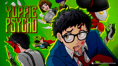 Title card for Yuppie Psycho showing a scared man in glasses