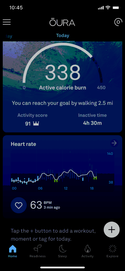 Screen shot of the Oura activity score and working heart rate 