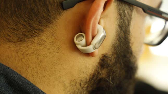 Close of the Bose Ultra around Gizmodo editor's ear. 