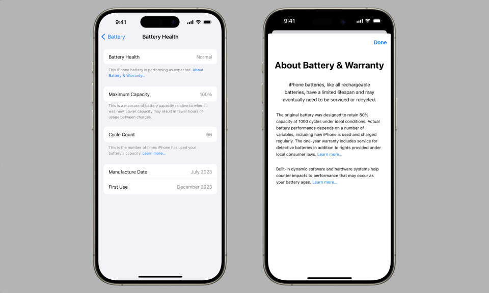 Two phone screenshots, framed in iPhone 15 device frames. On the left, the Battery Health screen in iOS settings. On the right, 
