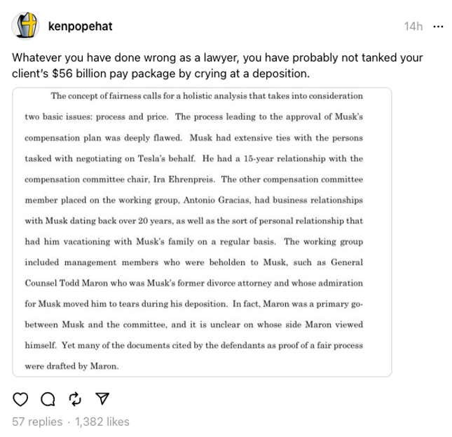 A Threads post from user kenpophat with a screenshot of the Judge's decision, reading "Whatever you have done wrong as a lawyer, you have probably not tanked your client’s $56 billion pay package by crying at a deposition."