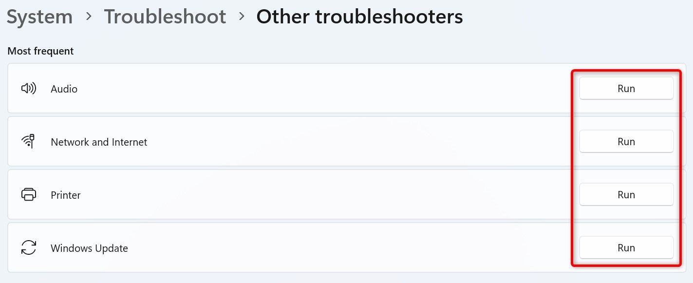'Run' highlighted for multiple troubleshooters in Windows 11 Settings.