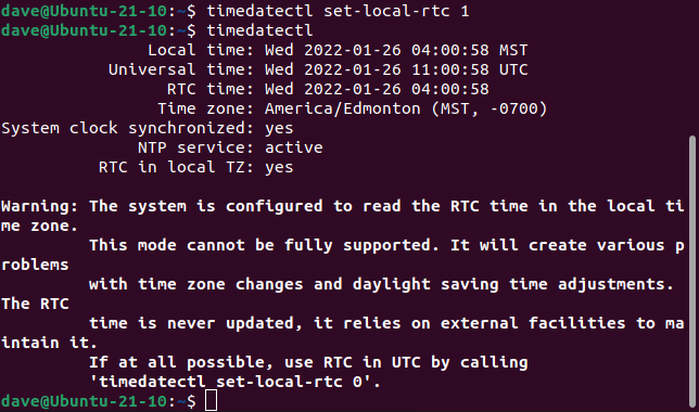 Setting the real-time clock to the local time zone, and the warning that accompanies that