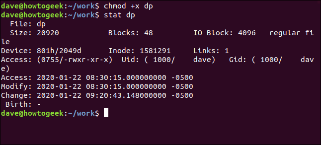 The "chmod +x dp" and "stat dp" commands in a terminal window. 