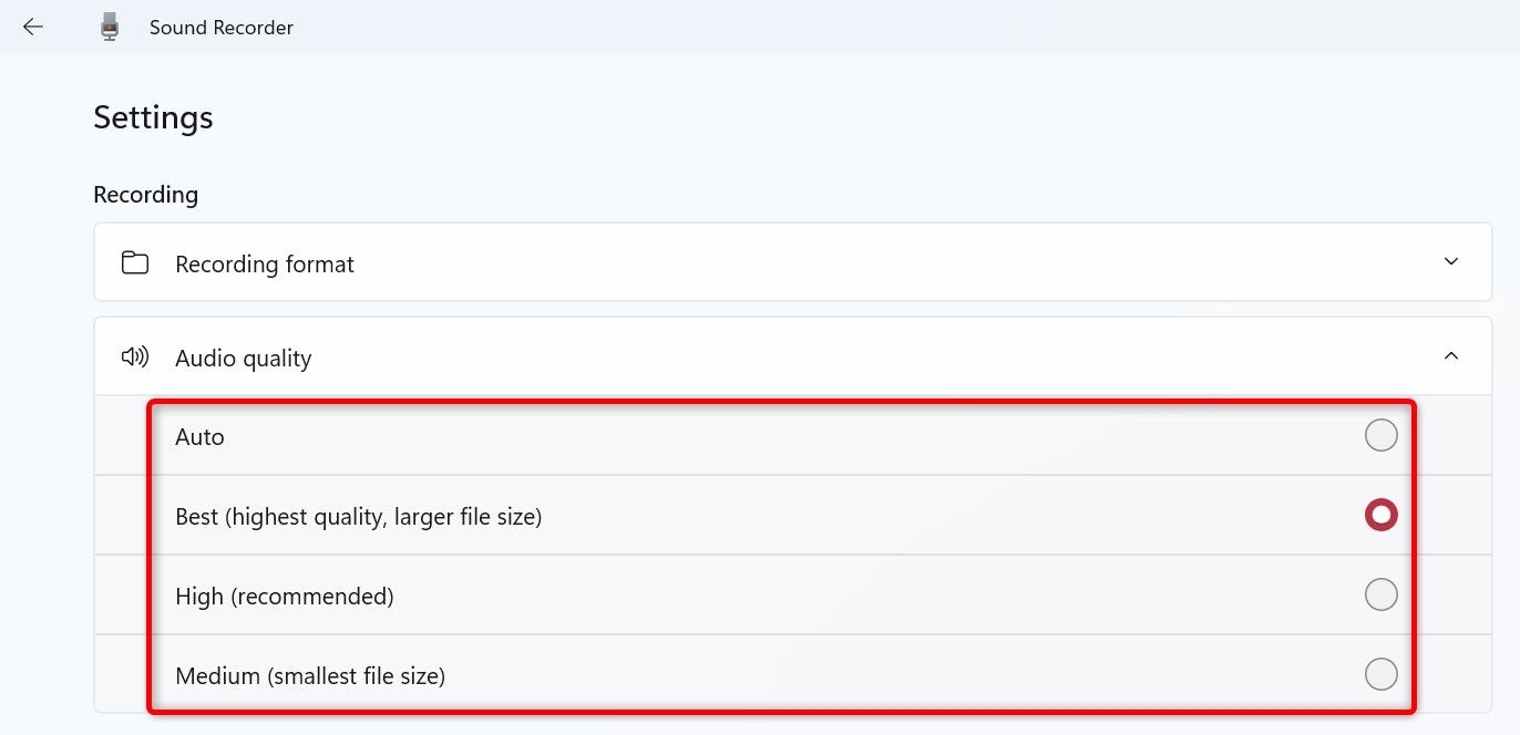 Audio quality options highlighted in Sound Recorder's Settings.