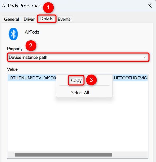 'Details,' 'Property,' and 'Copy' highlighted on the 'Properties' window.