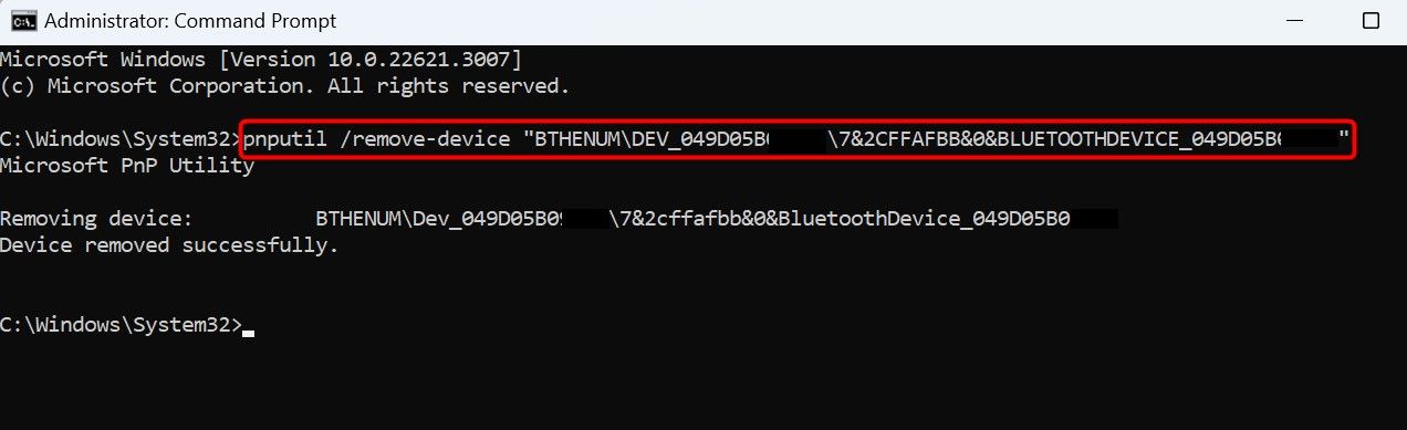 The command to remove a Bluetooth device typed in Command Prompt.