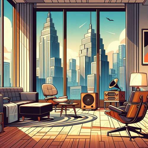 A modern apartment living room in a metropolis in the mid-afternoon. The room features large floor-to-ceiling windows, art deco paintings on the walls, a record player, and an Eames chair. 90's cartoon style.