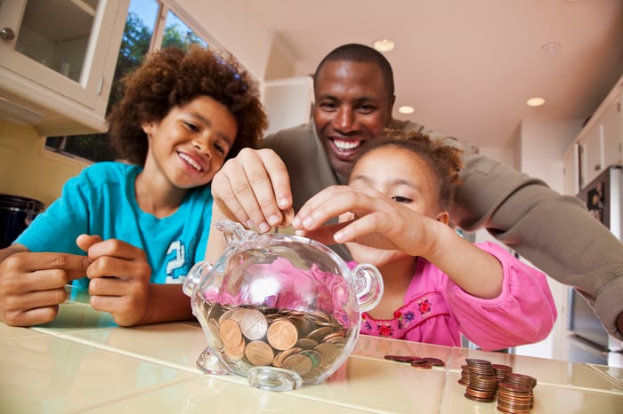 Adult and two children putting coins in piggy bank.