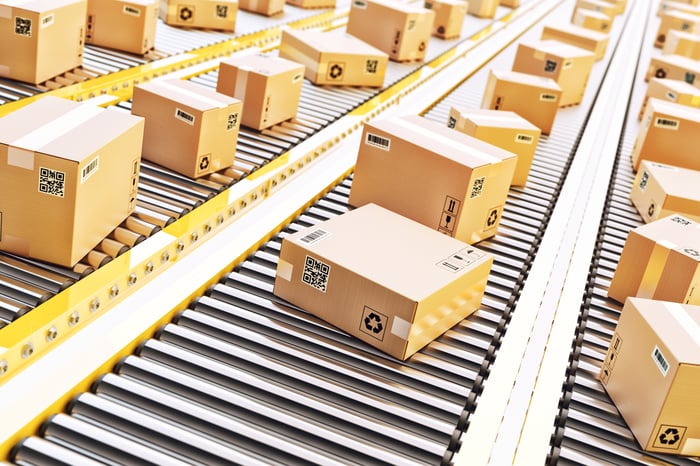 Packages for delivery on conveyor belts.