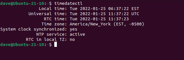 The output from the timedatectl command with no operator