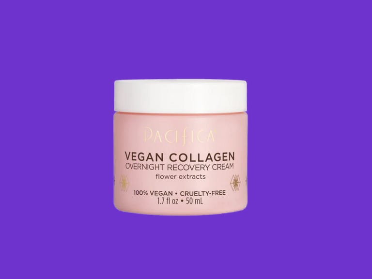 Pink bottle holding vegan collagen cream on a purple background