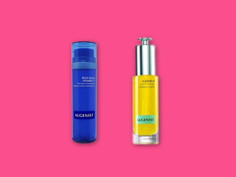 Algenist blue algae Vitamin C bottle next to the collagen gel