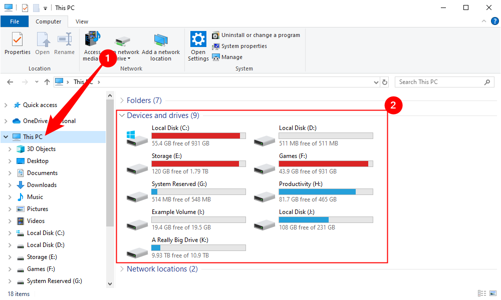 Click 'This PC' on the left, then note the free storage in your PC. 