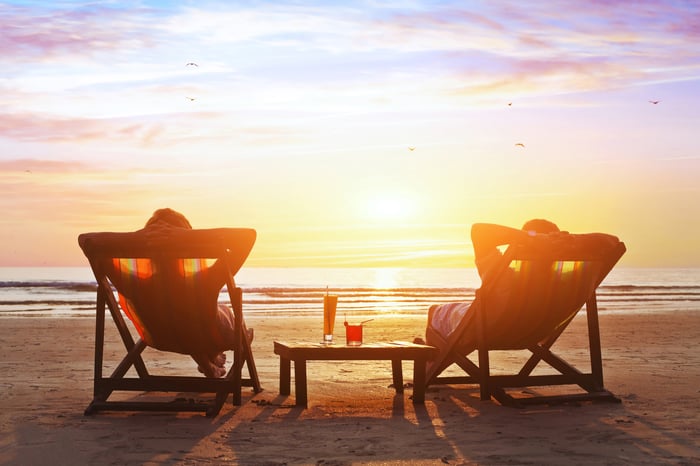 Two people sitting on beach chairs watching the sunset.