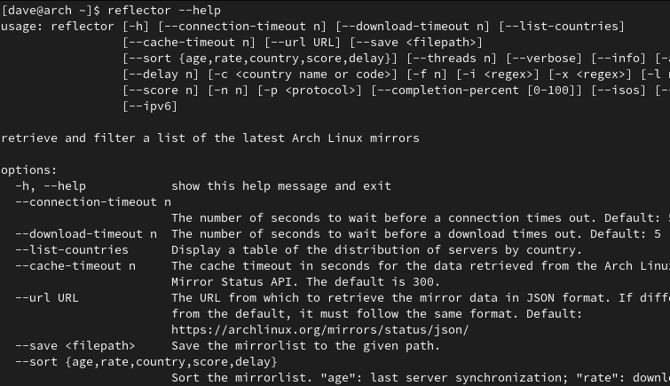 The Reflector help output in a terminal window