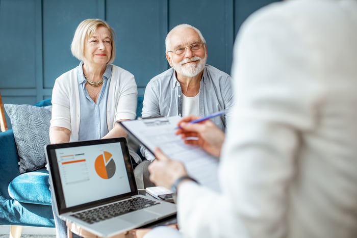 A retired couple discusses their portfolio with a financial advisor.