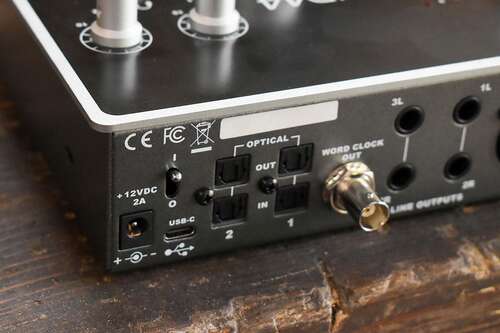 The digital optical input jacks of an Audient id44 audio interface.