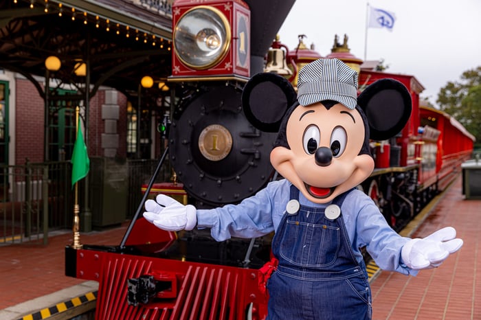 Mickey Mouse dressed as a train conductor with a theme park train behind him.