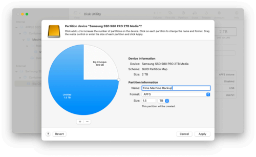 Disk Utility screen showing a pie chart for a partitioned drive.